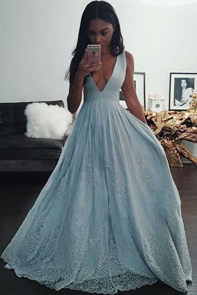 A-Line Deep V-neck Light Blue Prom Dress with Appliques Beading ...