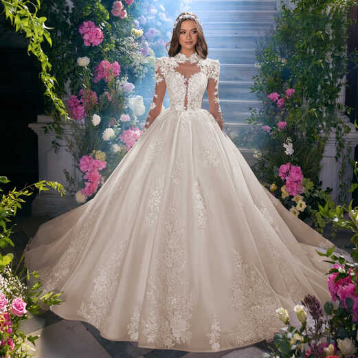 A-Line Elegant Princess Wedding Dresses High Neck Long Sleeve ...