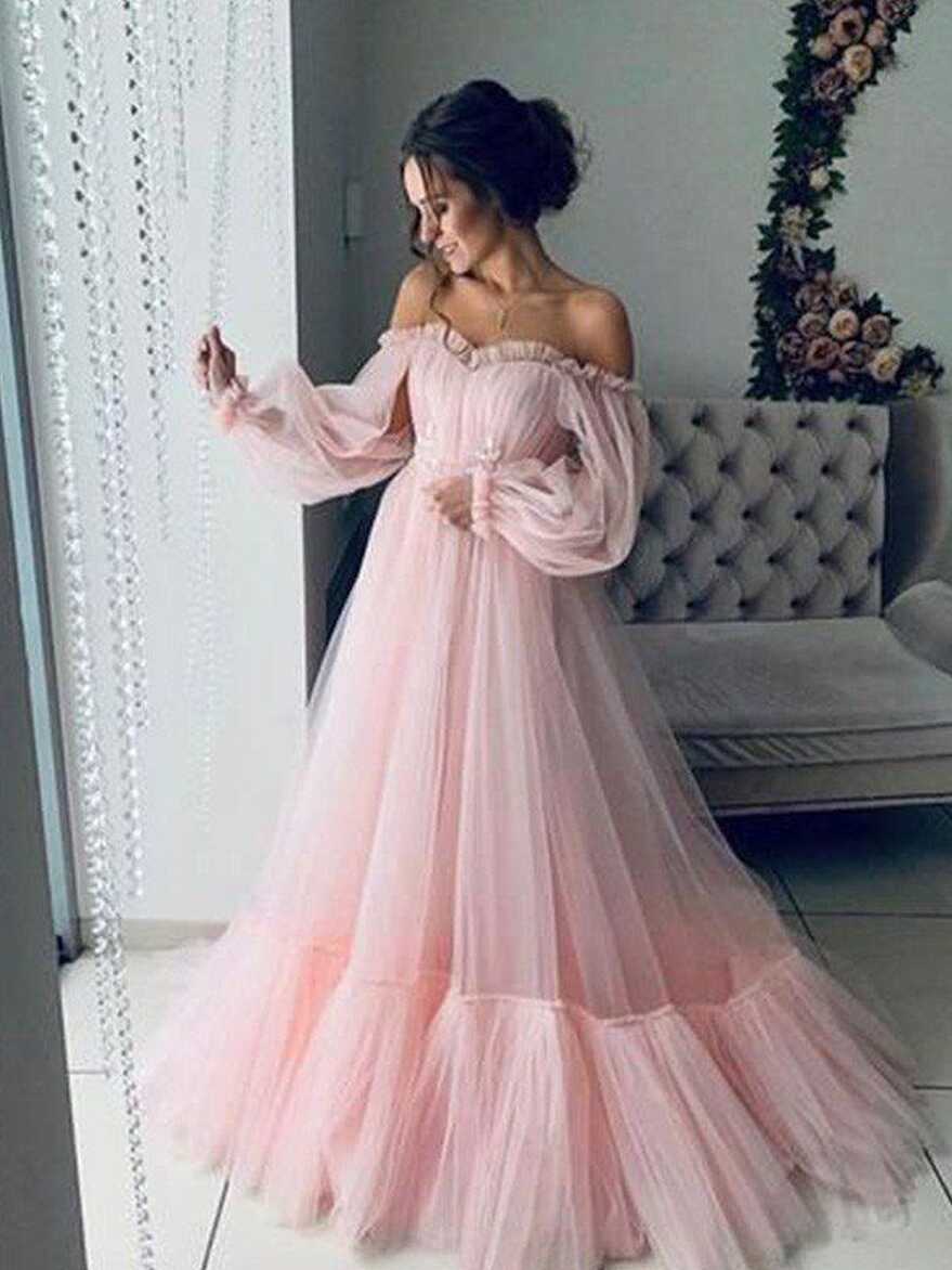 A-Line/Elegant Tulle Applique Off-the-Shoulder Long Sleeves Floor ...