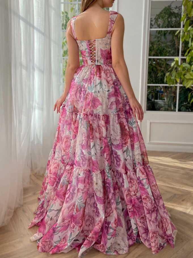 A Line Floral Pink Long Prom Dress | KissProm