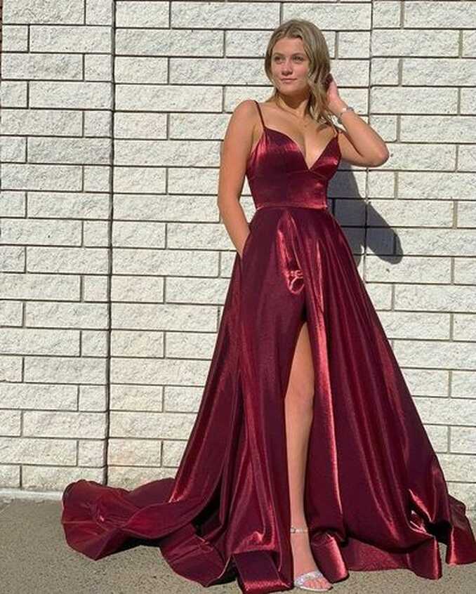 A Line Glitter Burgundy 2024 Prom Dresses V Neck Sleeveless ...