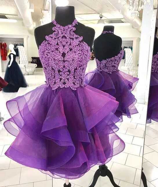 A Line Halter Mini Purple Homecoming Dresses 2024 | Organza ...