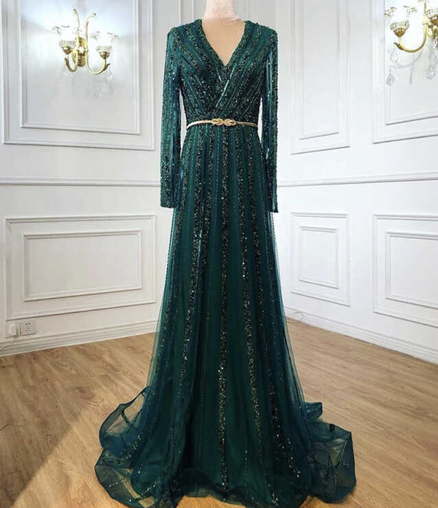 A Line Heavily Beaded Full Sleeve Evening Dress - Evening ...