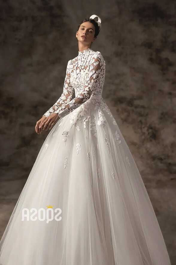 A Line High Neck Lace Long Sleeves Vintage Wedding Dress QW2328 ...