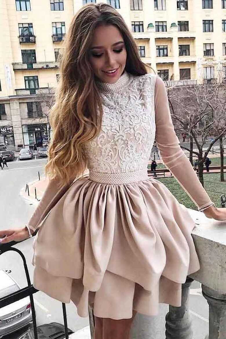 A-Line High Neck Long sleeves Homecoming Dress with Appliques ...