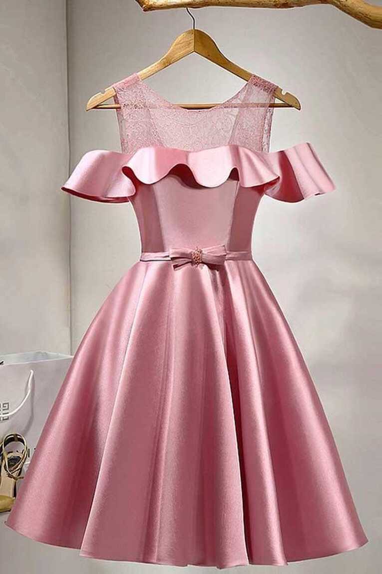 A-Line Knee-Length Cold Shoulder Pink Satin Homecoming Dress With ...