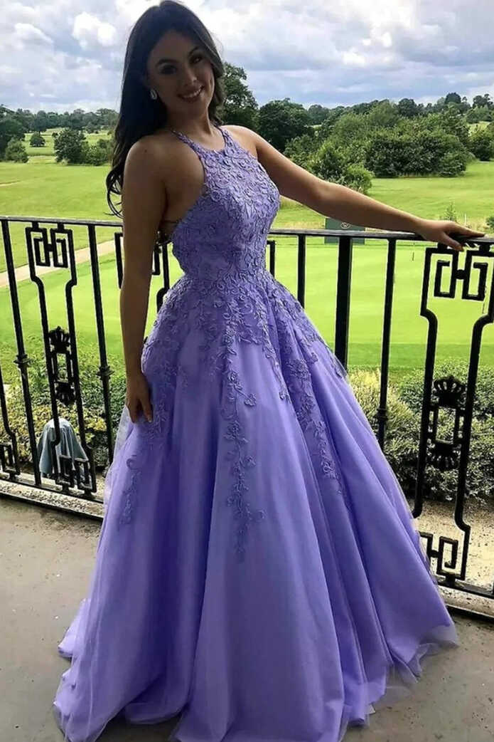 A Line Lace 2024 Lavender Prom Dresses Violet Long Halter Evening ...