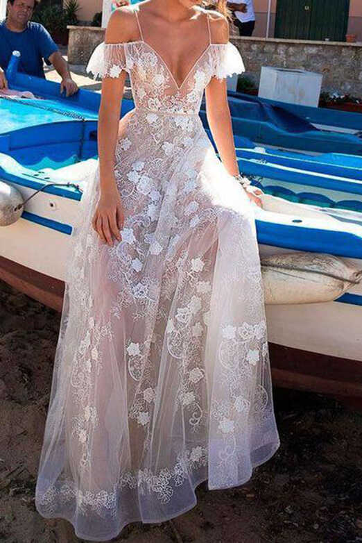 A Line Lace Straps Long Prom Dresses, Elegant Sexy Evening Dresses ...