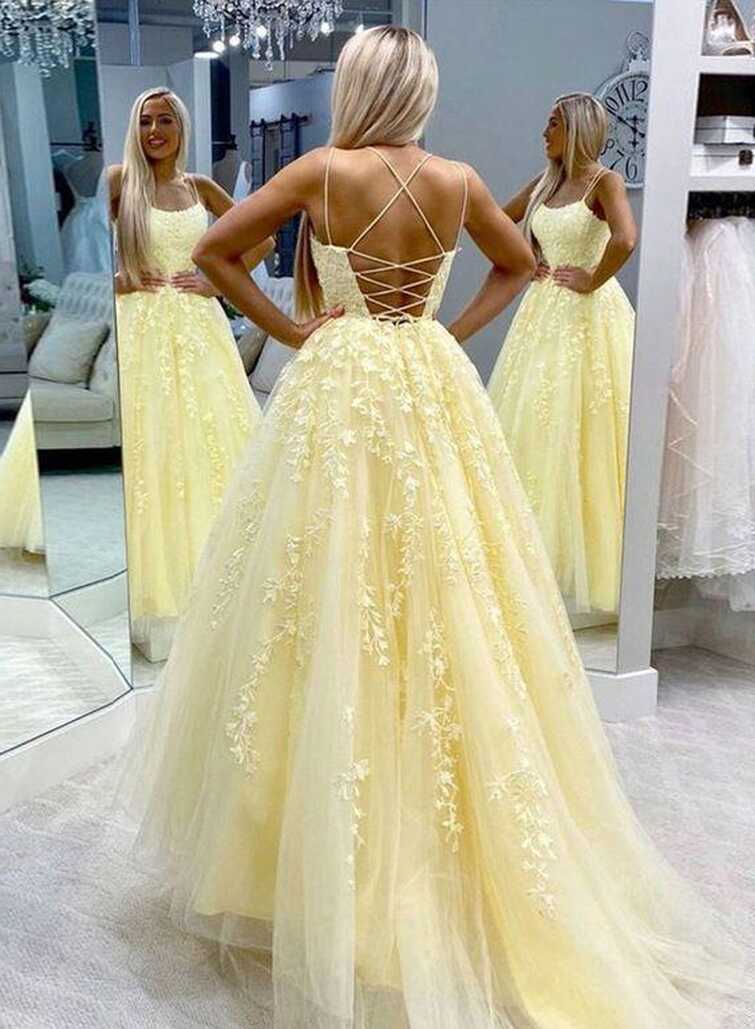 A Line Lace Yellow Homecoming Dresses Long Sleeveless Prom Dresses ...