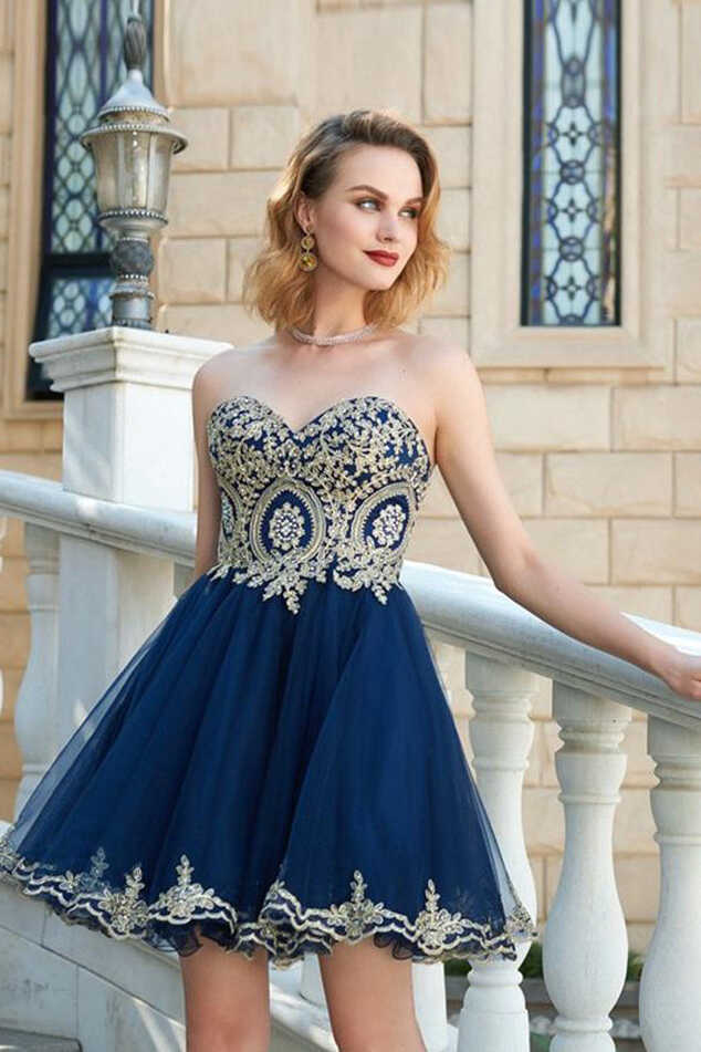 A Line Navy Blue Strapless Gold Lace Short Homecoming Dresses ...