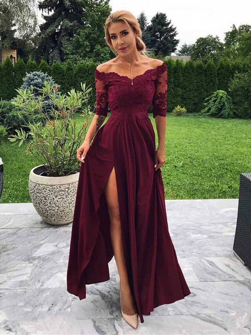 A Line Off Shoulder Half Sleeves Lace Maroon Prom Dresses with ...