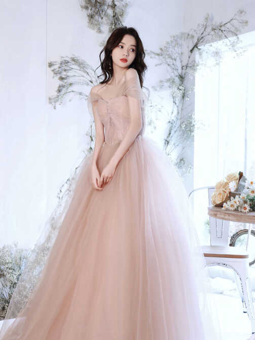 A Line Off Shoulder Pink Long Prom Dress, Pink Graduation Dress ...