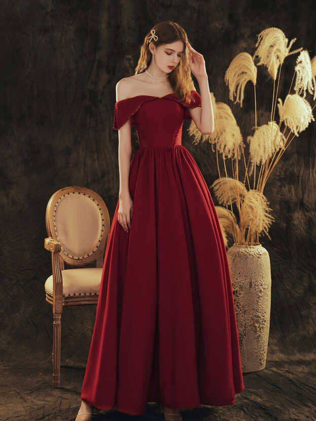 A-Line Off Shoulder Satin Burgundy Long Prom Dress, Burgundy ...