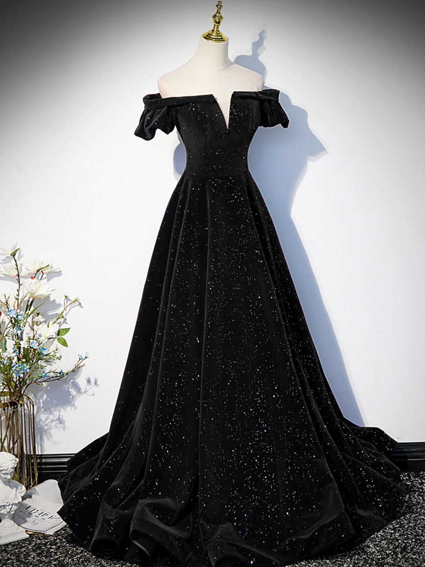 A-Line Off Shoulder Velvet Black Long Prom Dresses, Black, 50% OFF