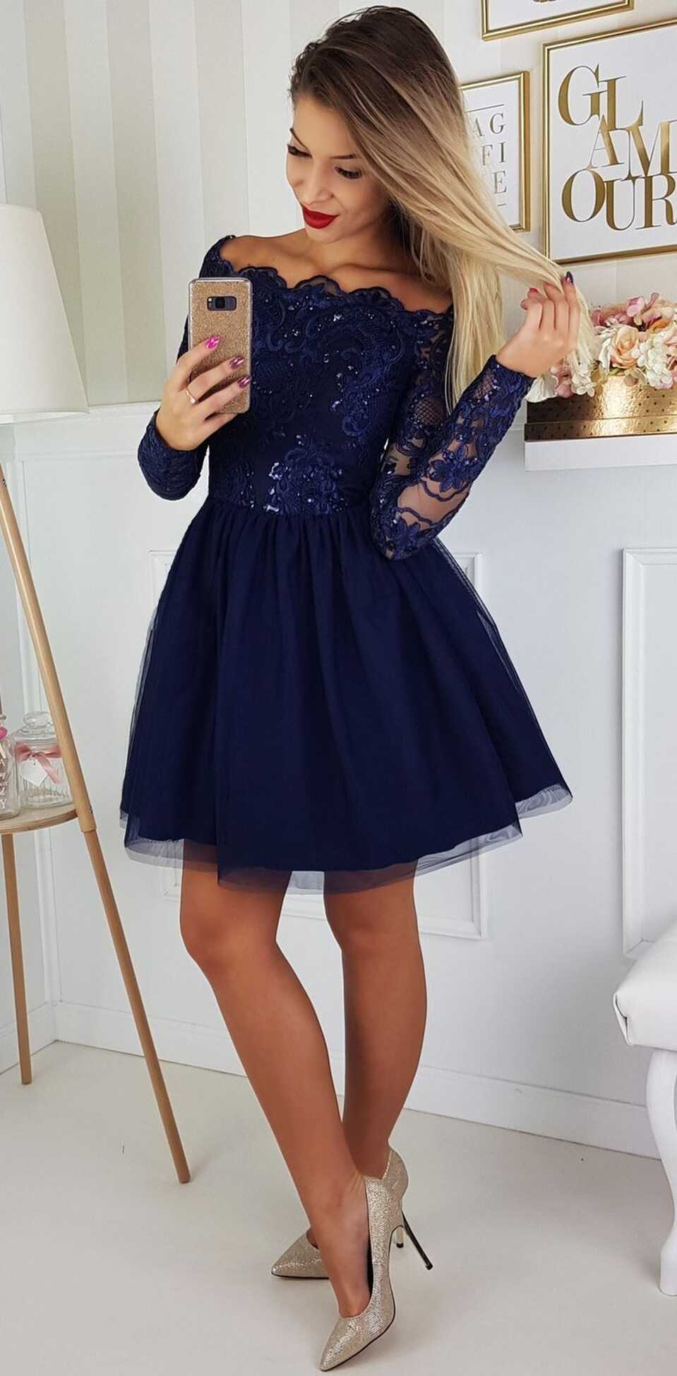 A-Line Off-the-Shoulder Long Sleeves Royal Blue Homecoming Dress