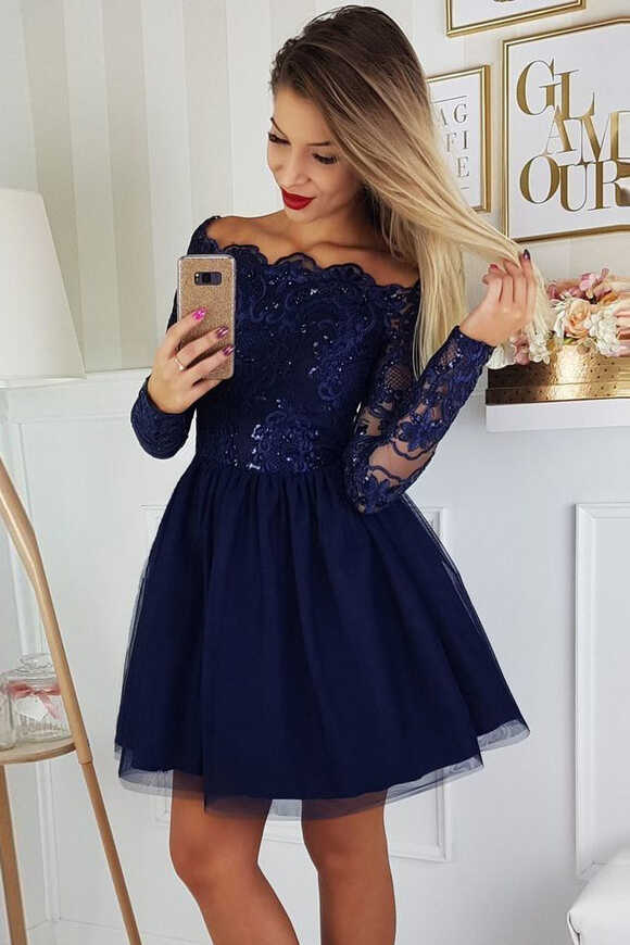 A-Line Off-the-Shoulder Long Sleeves Short Homecoming Dresses with ...