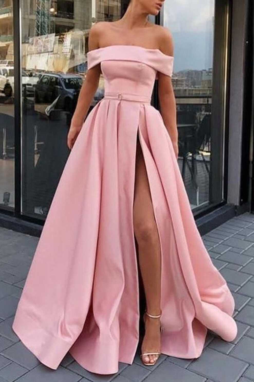 A Line Off the Shoulder Satin Pink Split Prom Dresses Formal ...