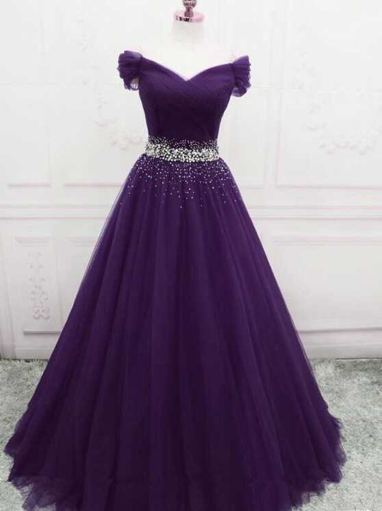 A Line Off the Shoulder Tulle Purple Prom Dresses with Beaded ...