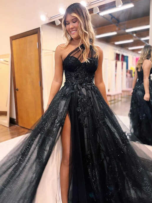 A-Line One Shoulder 2024 Prom Dresses Black Tulle Lace Formal ...