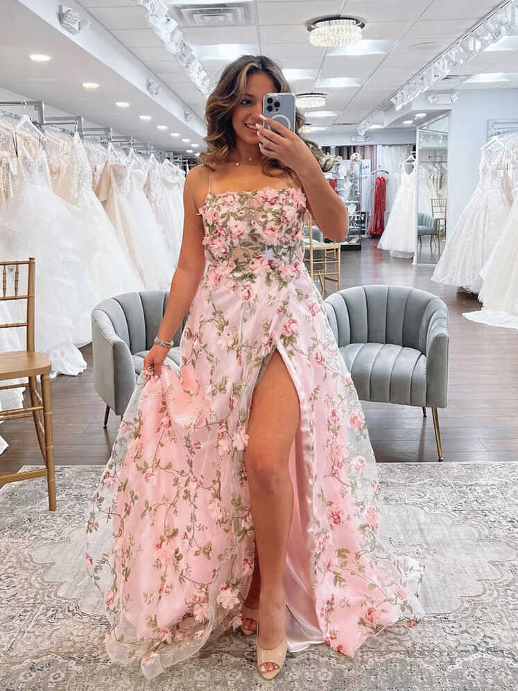 A Line Pink Floral Long Prom Dresses with High Slit, Long Pink ...