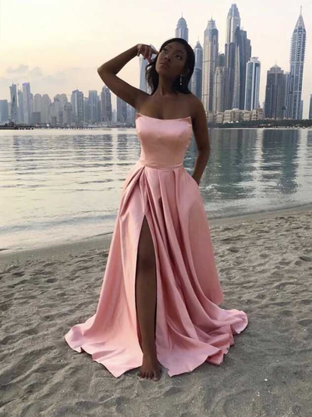 A Line Pink Satin Long Prom Dresses With Leg Slit, Pink Formal ...