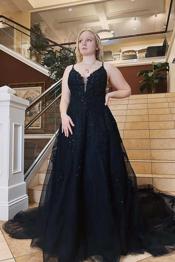 A-Line Plus Size Black 2024 Prom Dresses Lace Spaghetti Straps ...