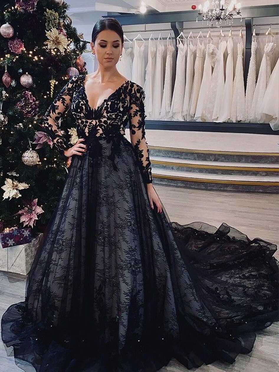 A-Line/Princess Lace Applique V-neck Long Sleeves Court Train ...