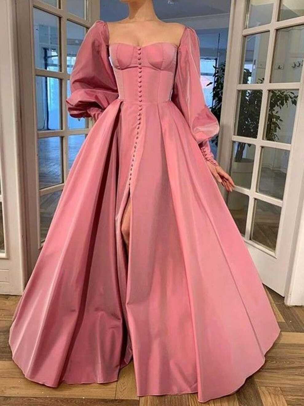 A-Line/Princess Long Sleeves Square Ruffles Satin Floor-Length ...