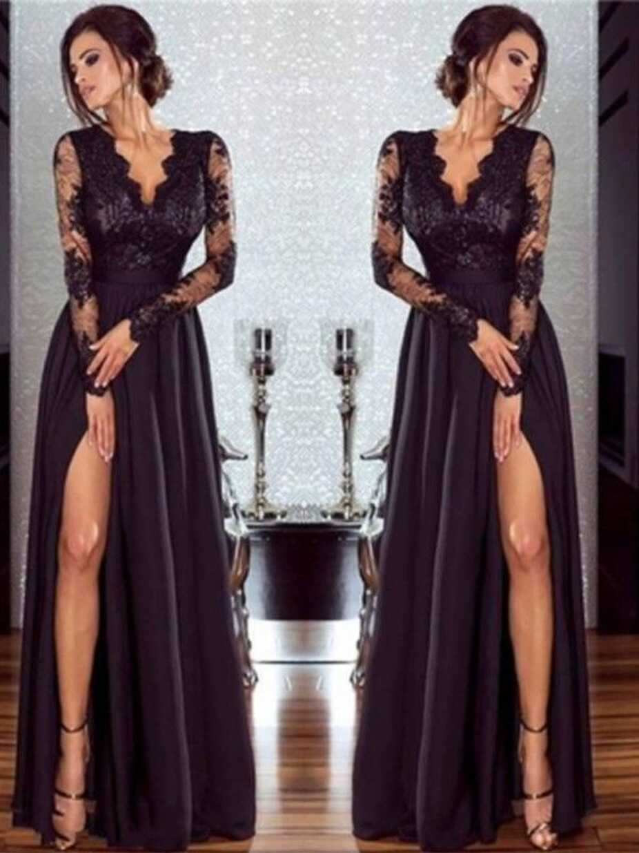 A-Line/Princess Long Sleeves V-neck Floor-Length Lace Satin ...