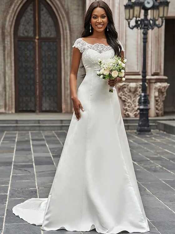 A-Line/Princess Scoop Satin Lace Sleeveless Chapel Train Wedding ...