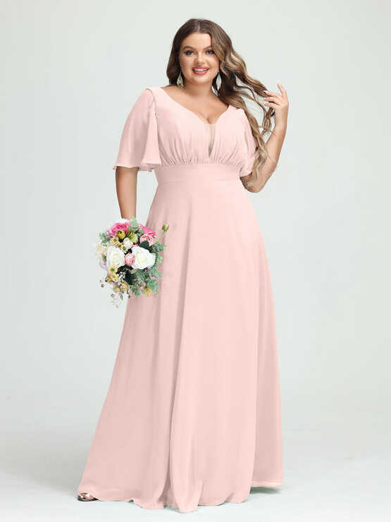 A-Line/Princess V-Neck Half Sleeves Chiffon Plus Size Bridesmaid ...