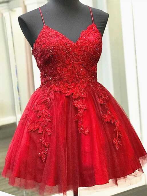 A Line Prom Dress, Red Prom Dresses, Lace Prom Dresses, Appliques ...