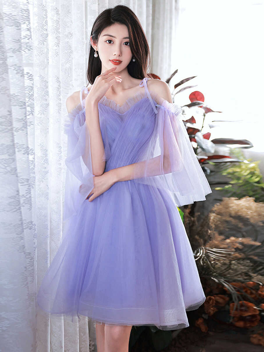 A-Line Purple V Neck Tulle Short Prom Dress, Purple Homecoming ...