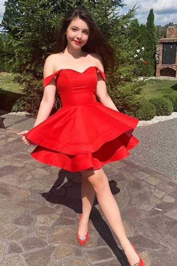 A-Line Red Satin Straps Short Prom Dress Homecoming Dress – Pgmdress