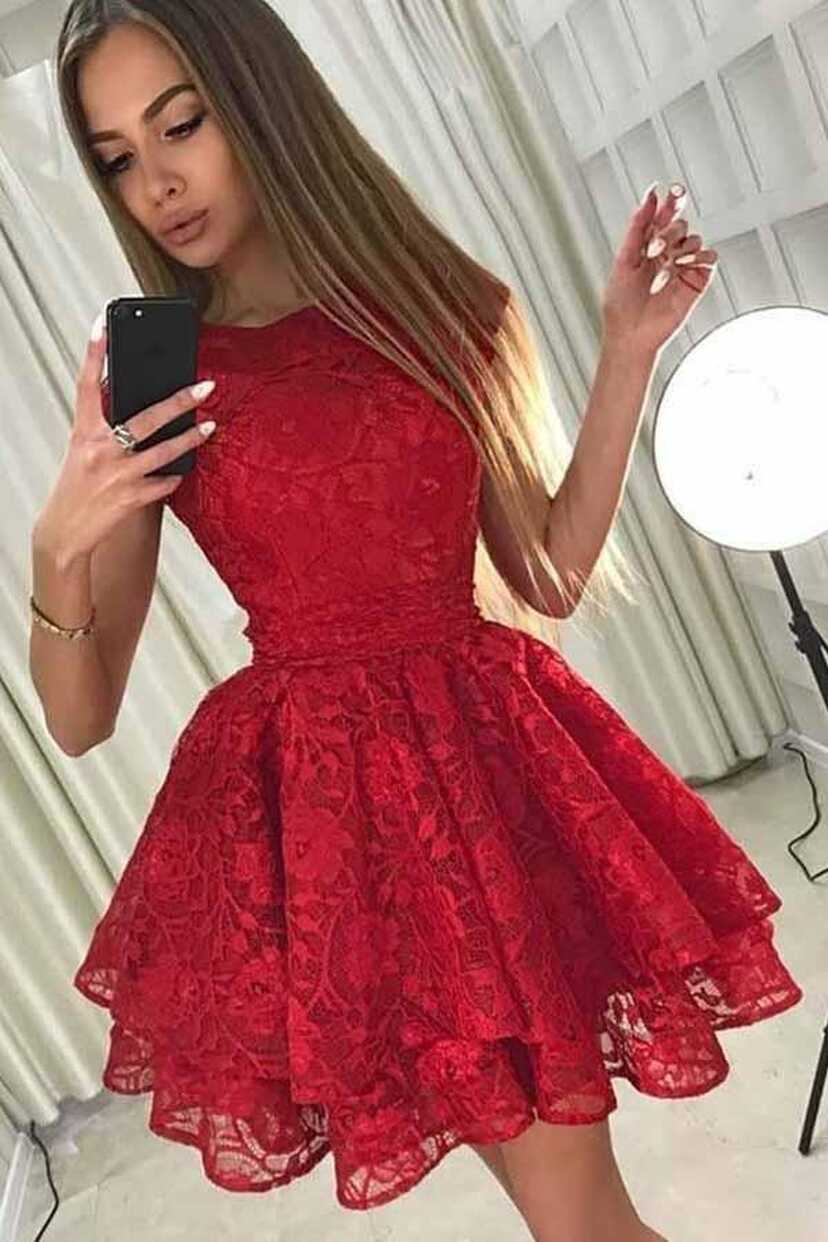 A-Line Round Neck Short Red Lace Homecoming Party Dress – Pgmdress