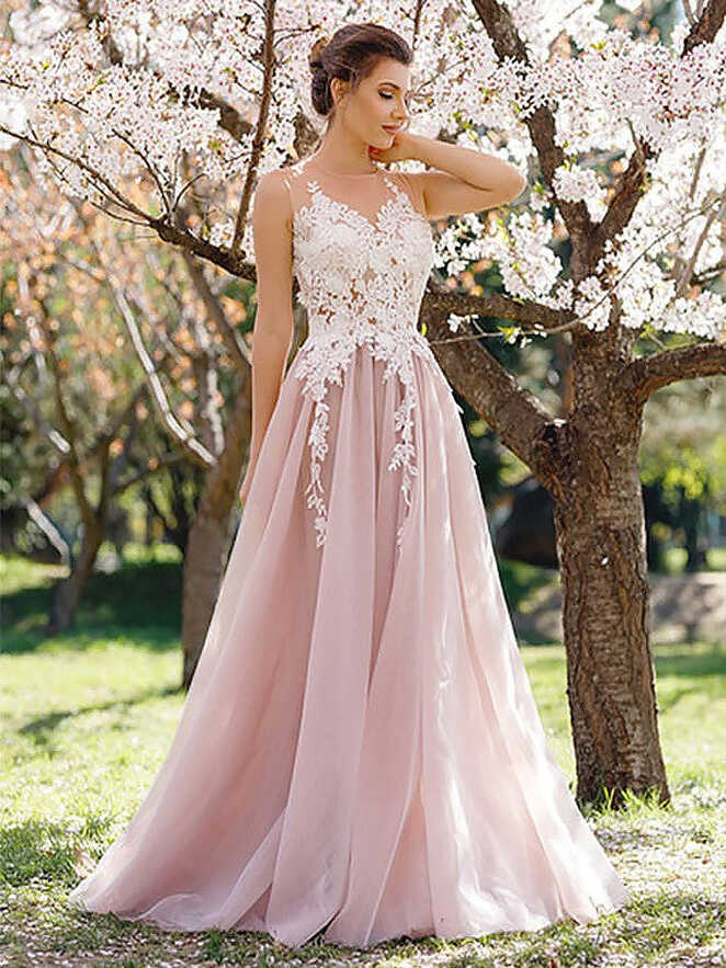 A Line Round Neck White Lace Pink Tulle Long Prom Dresses, Pink ...