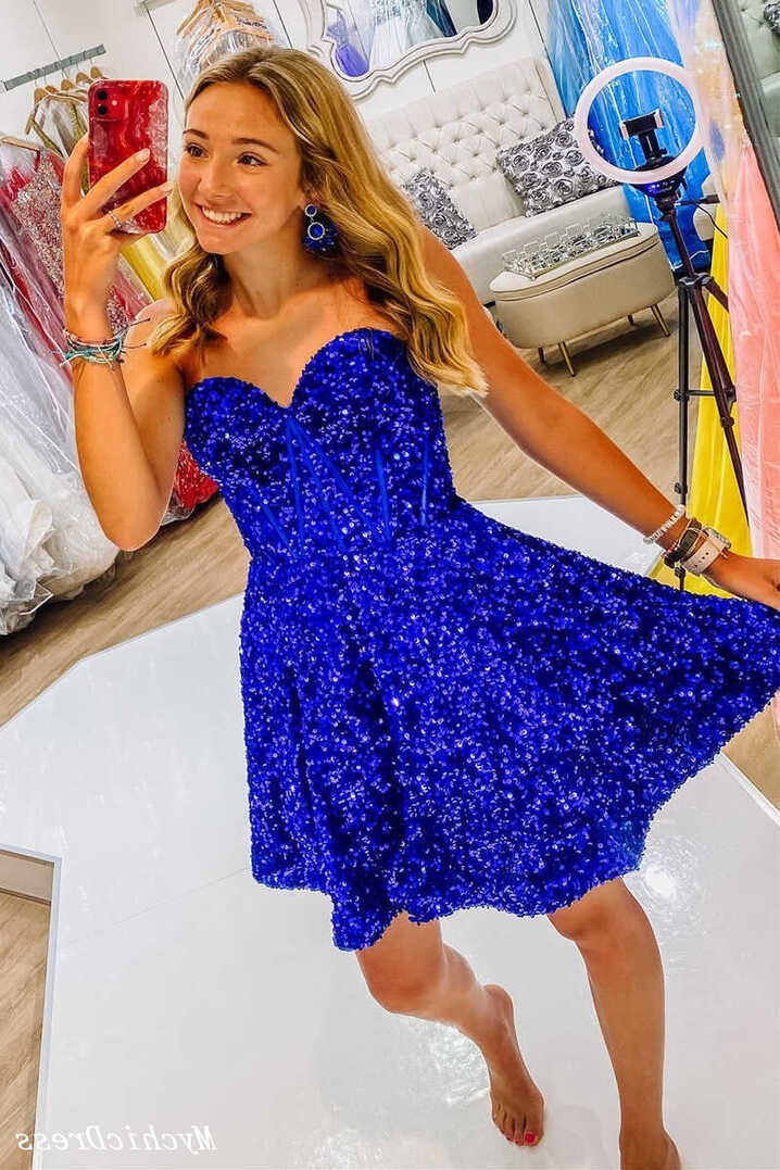 A Line Royal Blue Sequin 2024 Homecoming Dresses Sweetheart Hoco ...