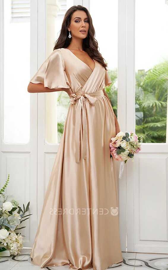 A-Line Satin Half Sleeve Bridesmaid Dress 2024 Modern V-neck Floor ...