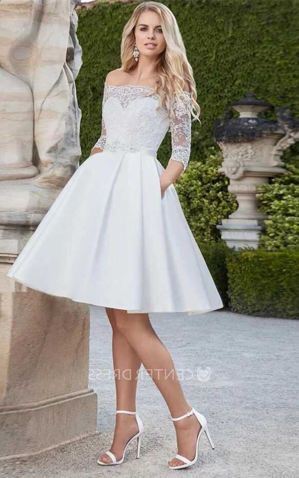 A Line Satin Off-the-shoulder Knee-length Wedding Dress with Sash ...