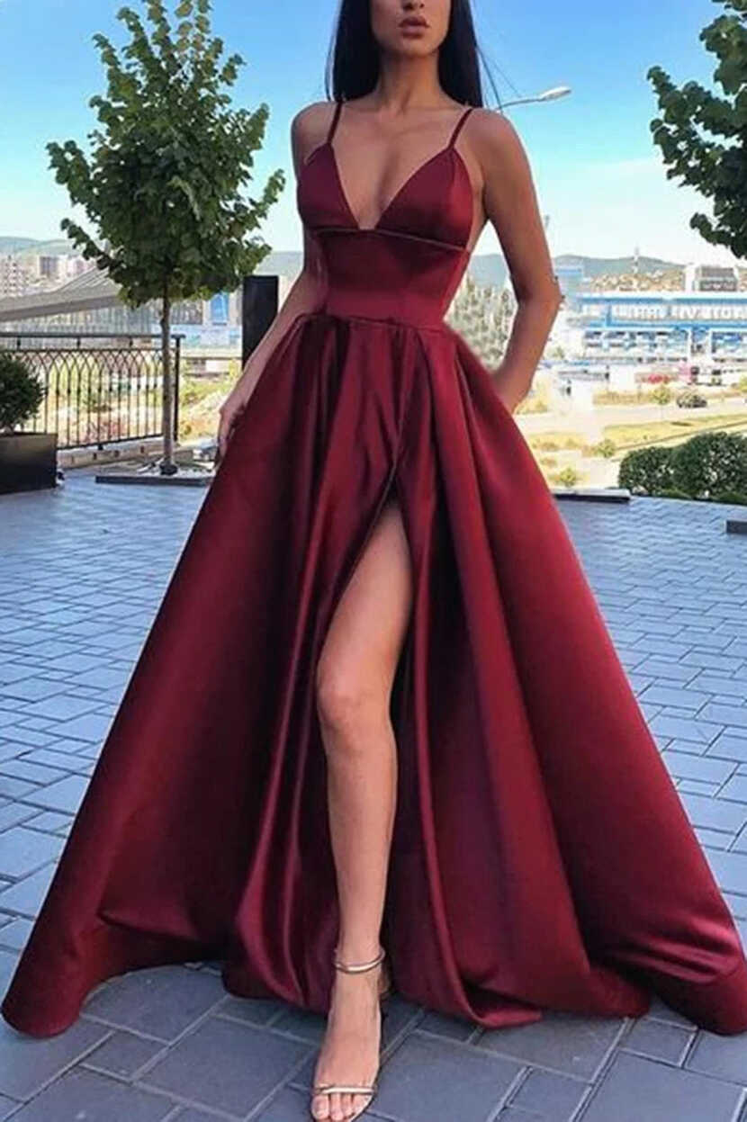 A Line Satin V Neck Burgundy 2024 Prom Dresses Spaghetti Straps ...