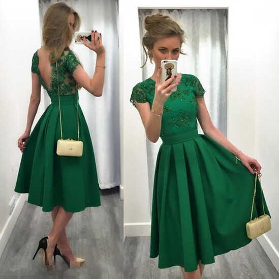 A-Line Scoop Cap Sleeve Satin Green Cocktail Party Dress With V-Back O