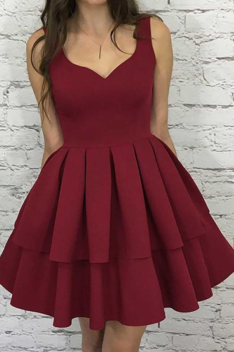 A-Line Scoop Short Burgundy Tiered Elastic Satin Homecoming Dress ...