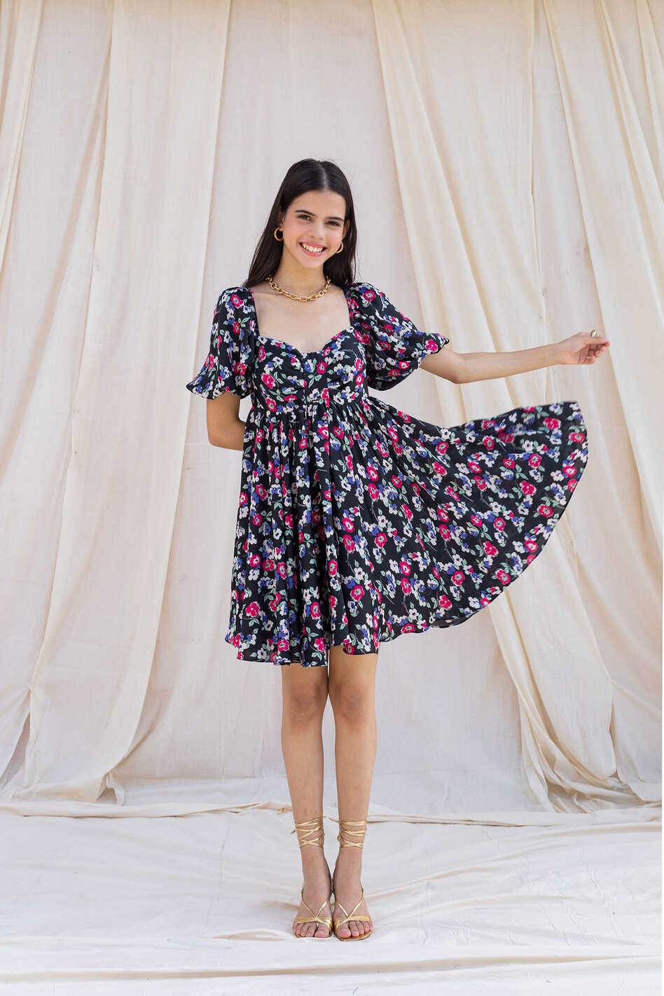 A-Line Short Dress - Buy Black Satin Polyester Floral Dress Online