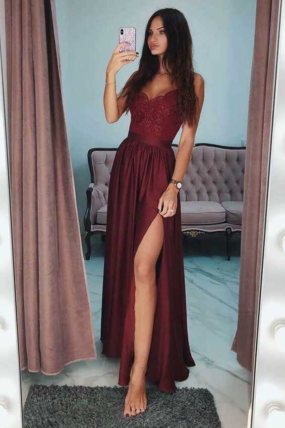 A-Line Spaghetti Straps Long Burgundy Prom Party Dress – Tirdress