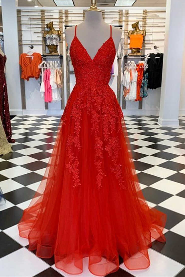 A Line Spaghetti Straps V Neck Red Lace Long Prom Dress, Red Lace ...