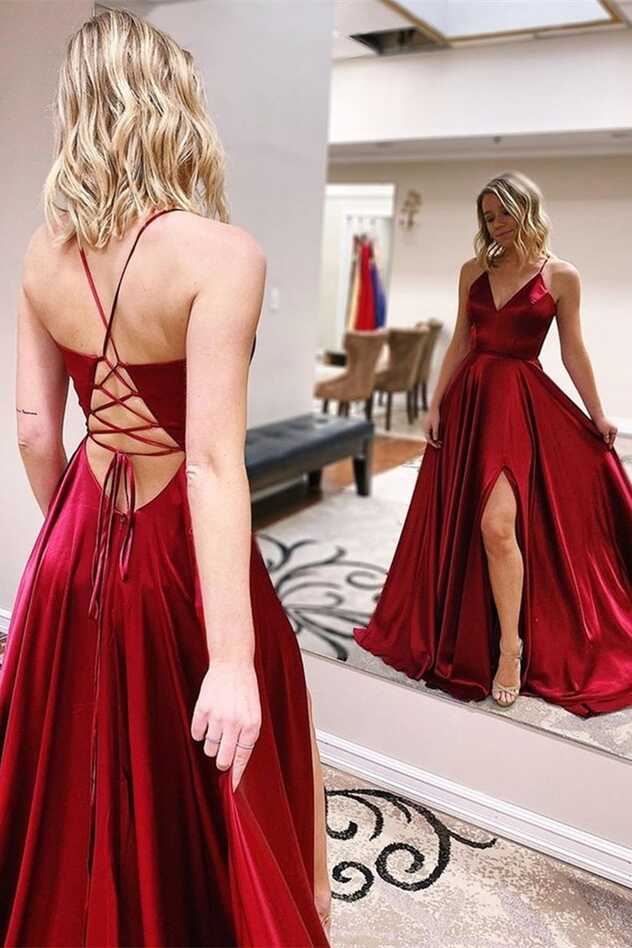 A-Line Spaghetti Straps V Neck Red Prom Dresses – MyChicDress