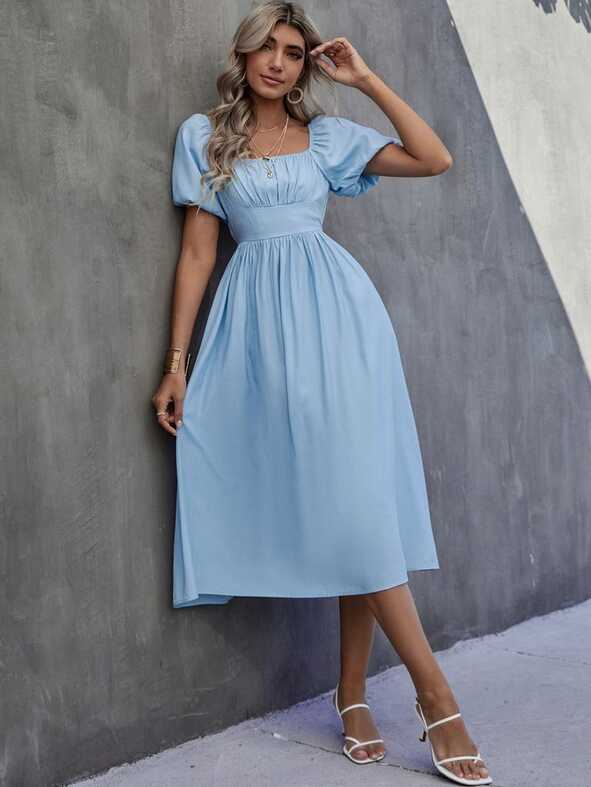 A-Line Square Neck Ruched Bust Puff Sleeve Dress