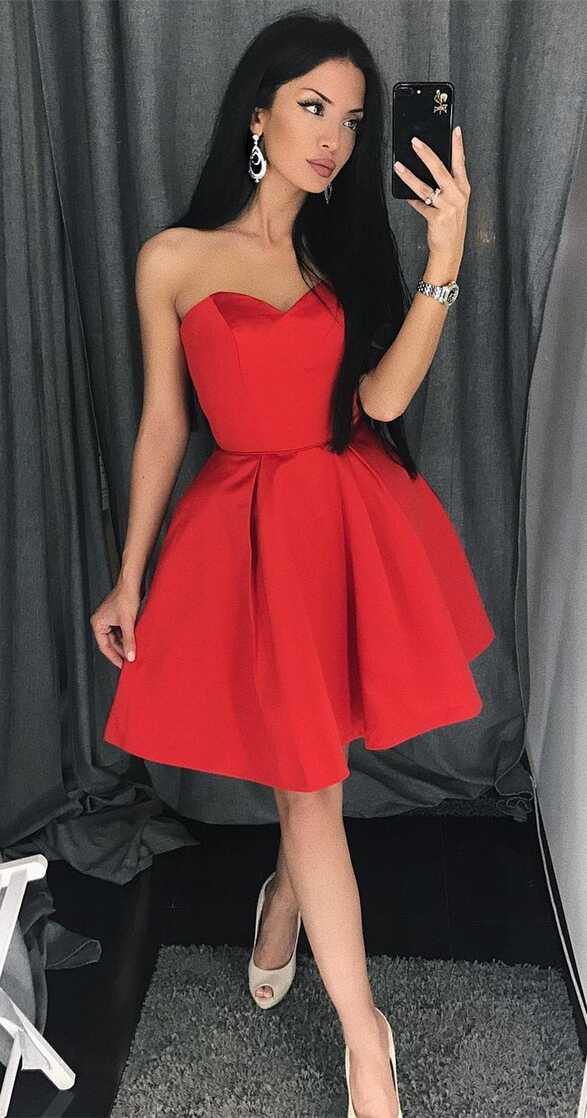 A-Line Sweetheart Above-Knee Red Satin Homecoming Dress with Pleats