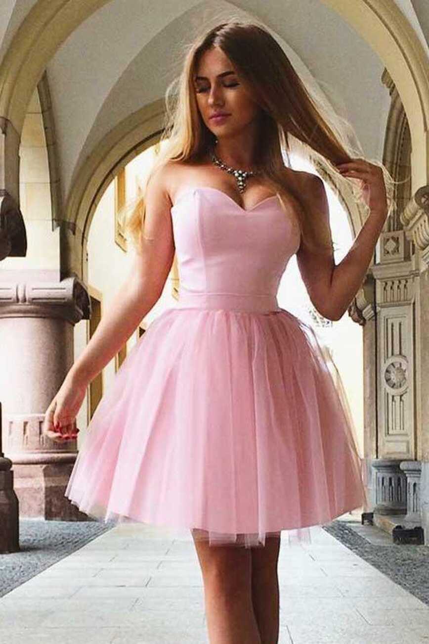 A-Line Sweetheart Lace-up Short Pink Tulle Homecoming Dress – Pgmdress