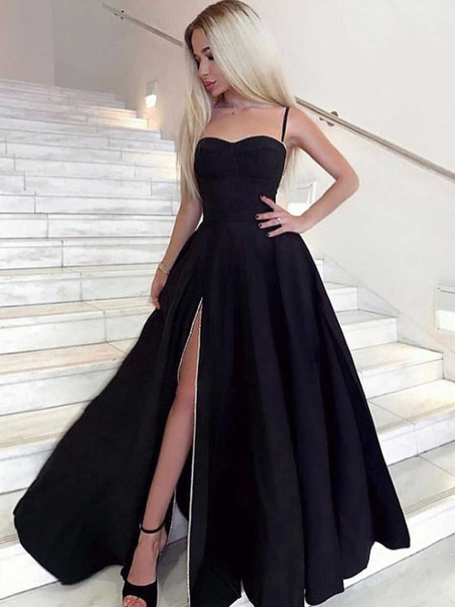 A Line Sweetheart Neck Black Prom Dresses Long, Black Long, 43% OFF